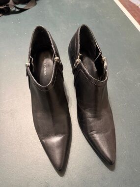 Ann Taylor Black Pointed Leather Ankle Booties with Side Buckle